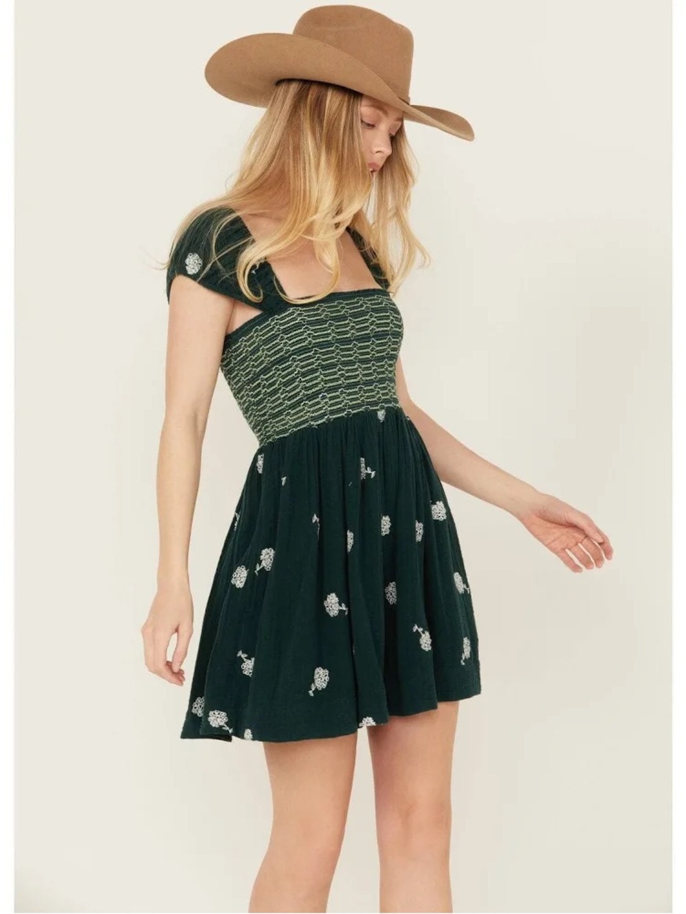 Free People Smocked Square-Neck Mini Dress in Dark Green